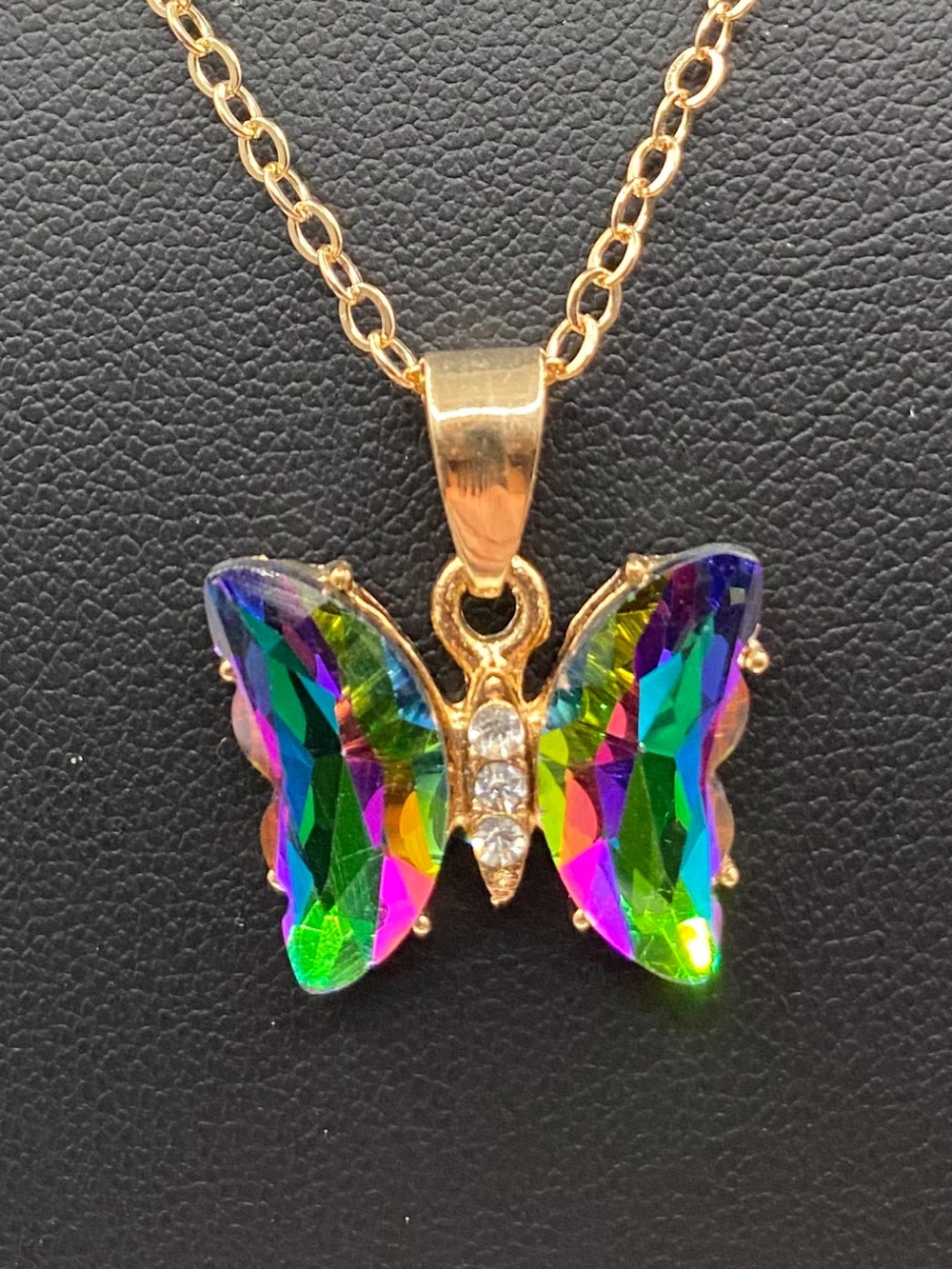 Gold Butterfly Pendant Necklace with Multicolor Crystal Wings